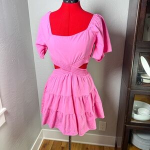 Shy Velvet Pink Cutout Mini Dress Cotton Puff Sleeve S